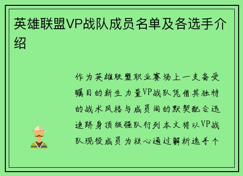 英雄联盟VP战队成员名单及各选手介绍