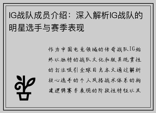 IG战队成员介绍：深入解析IG战队的明星选手与赛季表现