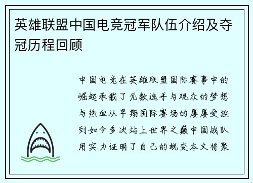 英雄联盟中国电竞冠军队伍介绍及夺冠历程回顾