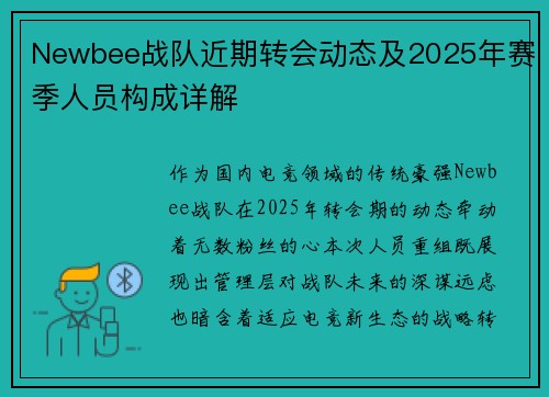 Newbee战队近期转会动态及2025年赛季人员构成详解