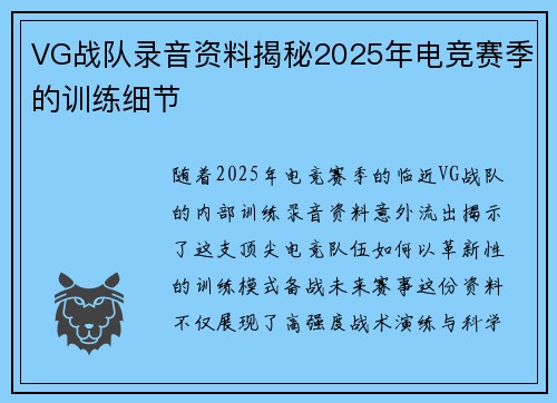 VG战队录音资料揭秘2025年电竞赛季的训练细节