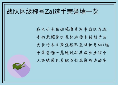 战队区级称号Zai选手荣誉墙一览